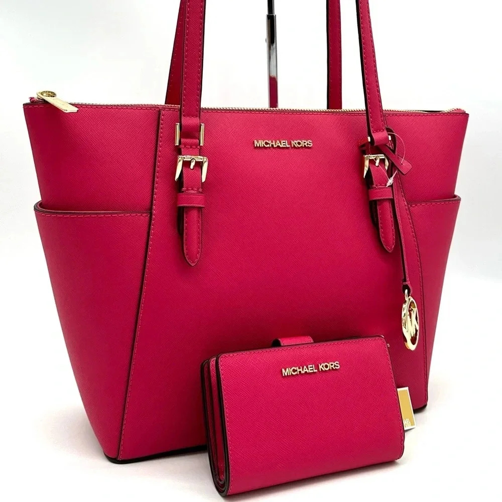 Michael Kors Large Charlotte Tote Bag & MD Bifold Zip Chain Wallet Electric Pink